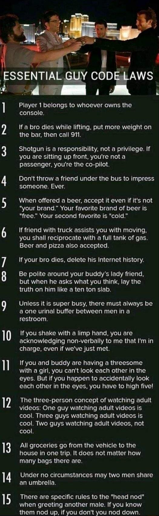 o0 10 1l 12 13 14 15 R i Y CODiAWS 2 Player 1 belongs to whoever owns the console If a bro dies while lifting put more weight on the bar then call 911 Shotgun is a responsibility not a privilege If you are sitting up front youre not a passenger youre the co pilot Dont throw a friend under the bus to impress someone Ever When offered a beer accept it even if its not your brand Your favorite brand o