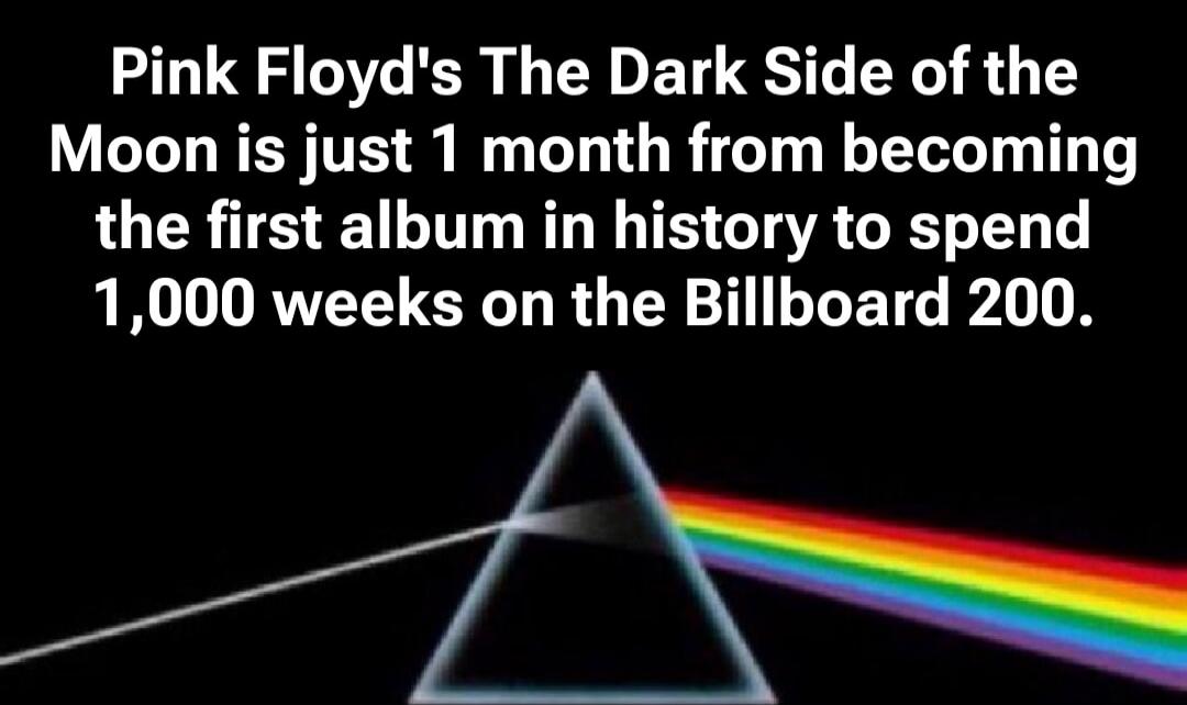 Pink Floyd's The Dark Side of the Moon is just 1 month from becoming the first album in history to spend 1,000 weeks on the Billboard 200.