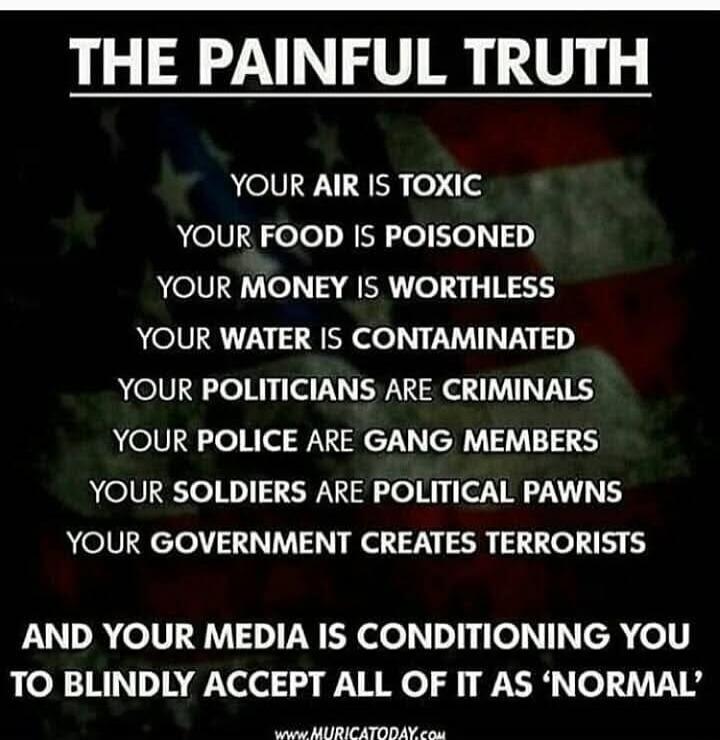 THE PAINFUL TRUTH YOUR AIR IS TOXIC YOUR FOOD IS POISONED YOUR MONEY IS WORTHLESS YOUR WATER IS CONTAMINATED YOUR POLITICIANS ARE CRIMINALS YOUR POLICE ARE GANG MEMBERS YOUR SOLDIERS ARE POLITICAL PAWNS YOUR GOVERNMENT CREATES TERRORISTS AND YOUR MEDIA IS CONDITIONING YOU TO BLINDLY ACCEPT ALL OF IT AS 'NORMAL' www.MURICATODAY.com