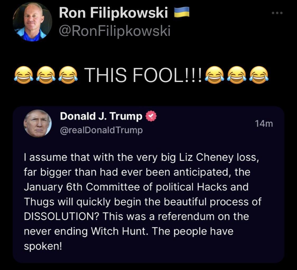 Ron Filipkowski RonFilipkowski Y Y RiziSZele Nl Donald J Trump 14 realDonaldTrump g assume that with the very big Liz Cheney loss far bigger than had ever been anticipated the January 6th Committee of political Hacks and Thugs will quickly begin the beautiful process of DISSOLUTION This was a referendum on the never ending Witch Hunt The people have spoken