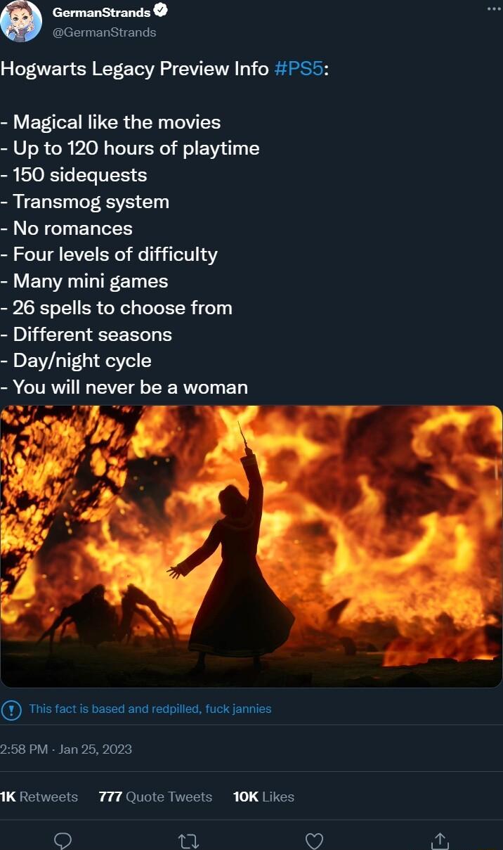 GermanStrands GermanStrands Hogwarts Legacy Preview Info PS5 aLCTCERTCRGER TN Up to 120 hours of playtime 150 sidequests Transmog system g CECTIELES Four levels of difficulty Many mini games 26 spells to choose from S UCEHIEEER S Daynight cycle B CONTIREES CER BT 256 PM Jan 25 2023 K Retweels 777 Quote Tweets 10K Likes Ll 4 i