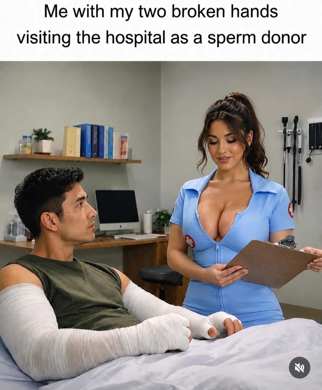 Me with my two broken hands visiting the hospital as a sperm donor