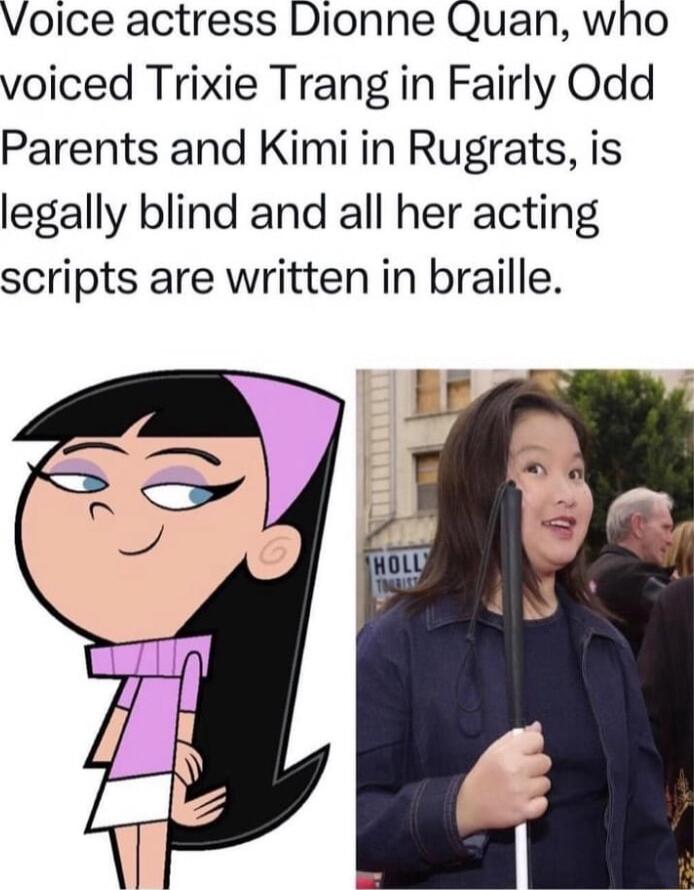 Voice actress Dionne Quan who voiced Trixie Trang in Fairly Odd Parents and Kimi in Rugrats is legally blind and all her acting scripts are written in braille