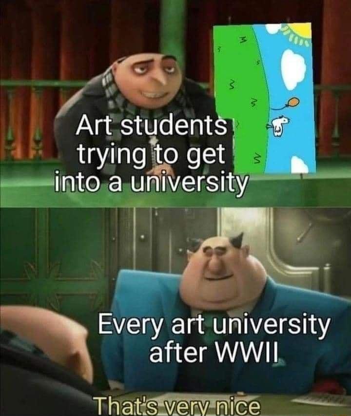 1 Art studentSI tryingt o get wesintoa urersny Every art university after WWII ThatsWeriice