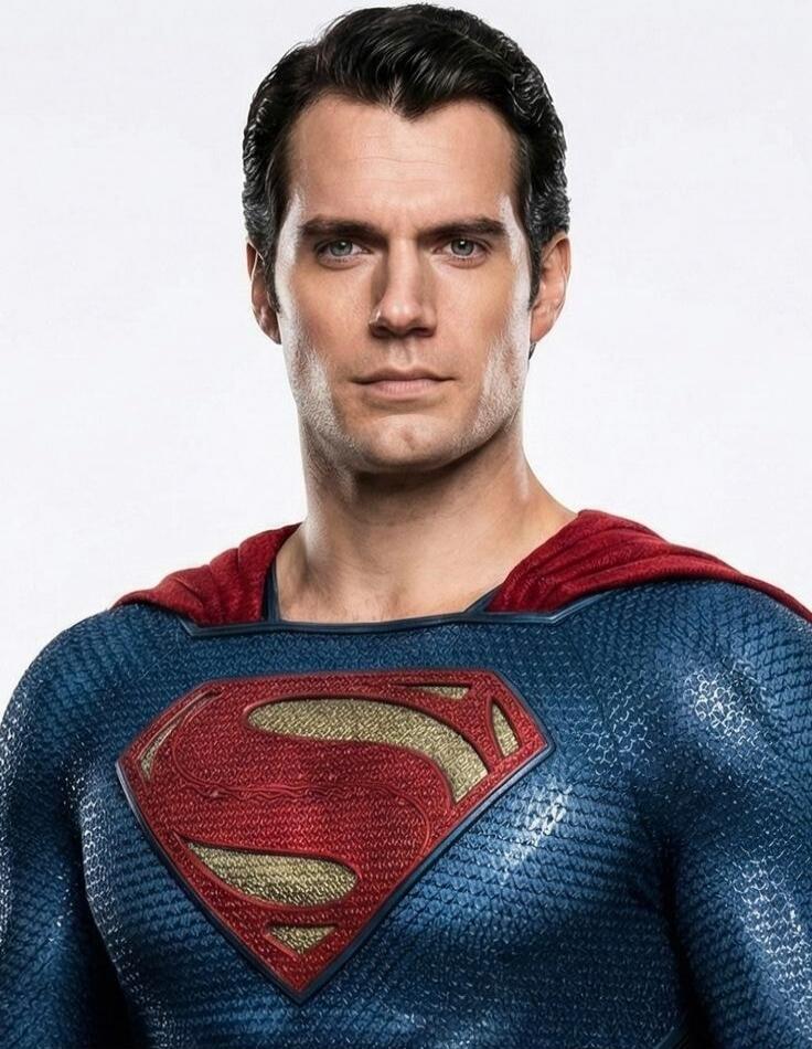 Superman in a blue suit with red cape and emblem.