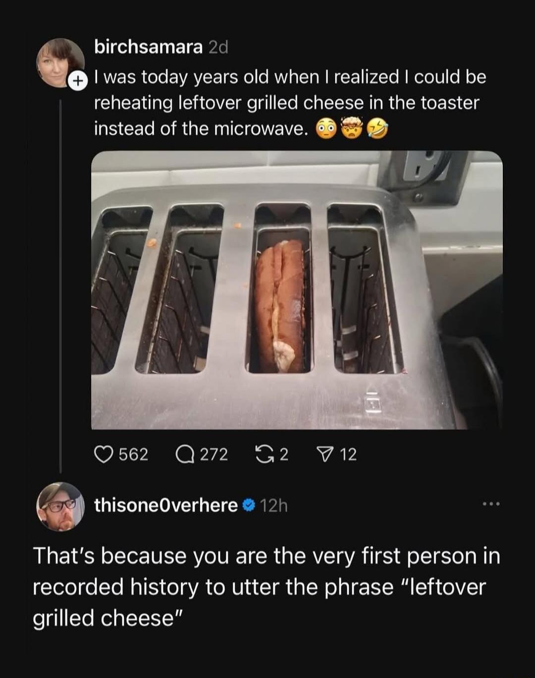 I was today years old when I realized I could be reheating leftover grilled cheese in the toaster instead of the microwave. That's because you are the very first person in recorded history to utter the phrase 