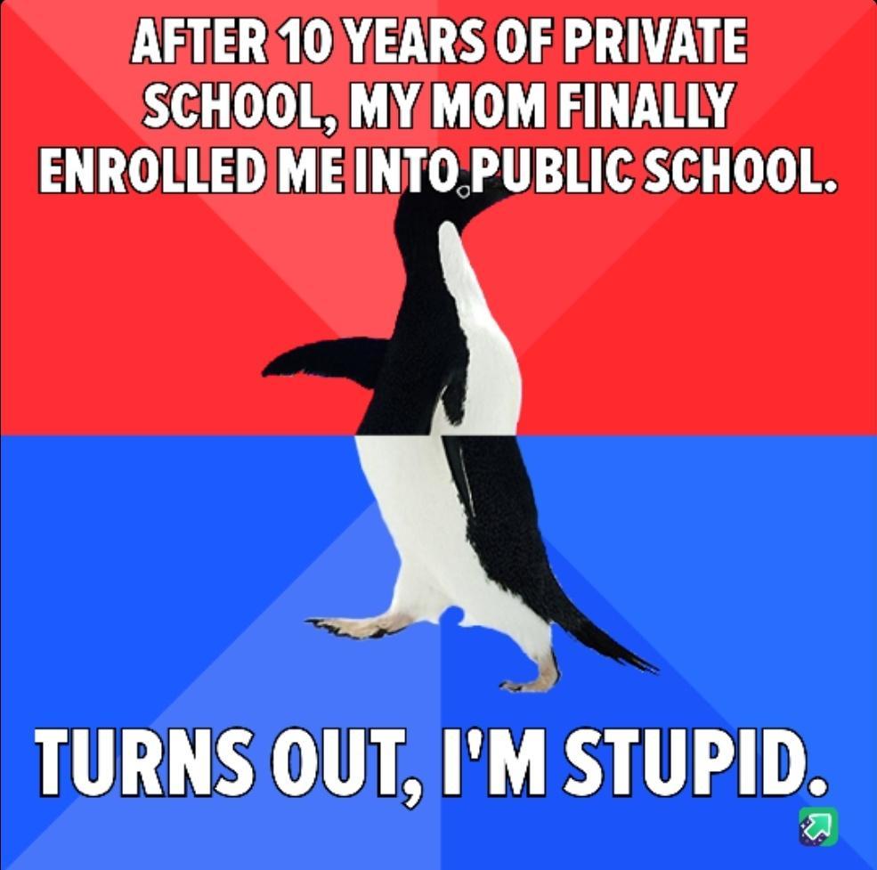 AETERI10YEARS OF PRIVATE SCHOOL MYMOM FINALLY ENROLLEDMEINTOPUBLIC SCHOOL TURNS OUT IM STUPID