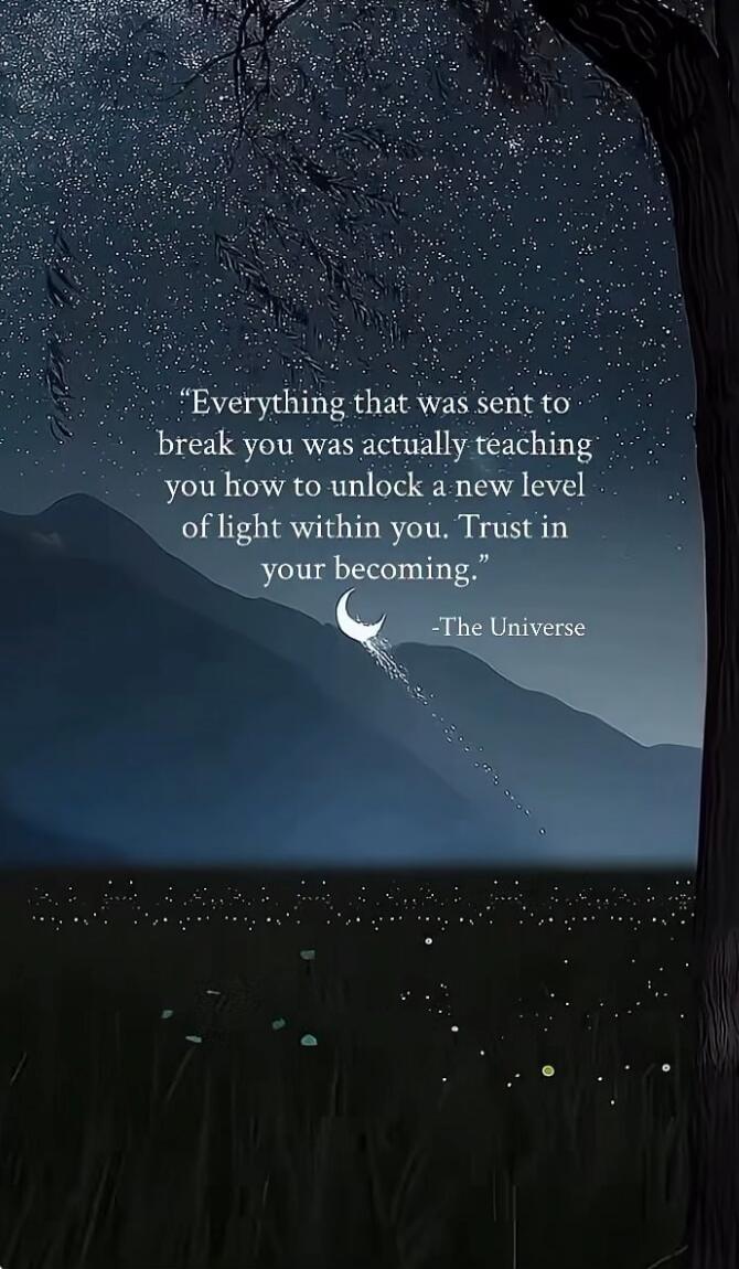 Everything that was sent to break you was actually teaching you how to unlock a new level of light within you. Trust in your becoming. -The Universe