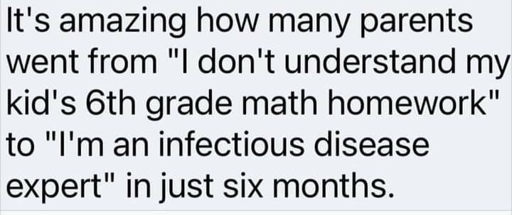 Its amazing how many parents went from l dont understand my kids 6th grade math homework to Im an infectious disease expert in just six months