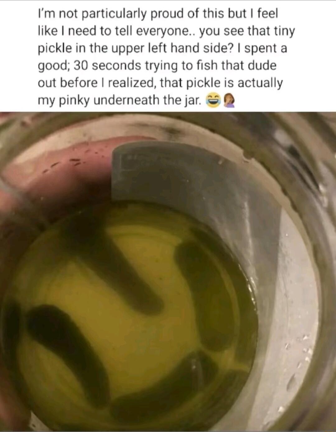 Im not particularly proud of this but feel like need to tell everyone you see that tiny pickle in the upper left hand side spent a good 30 seconds trying to fish that dude out before realized that pickle is actually my pinky underneath the jar