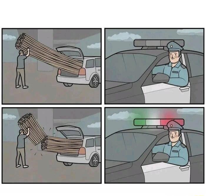A person is trying to load a very long bundle of sticks into a car trunk. A police officer is watching from his patrol car. The person then breaks the sticks in half to fit them into the trunk. The police officer's siren lights turn on, displaying the colors of the Italian flag (green, white, red).