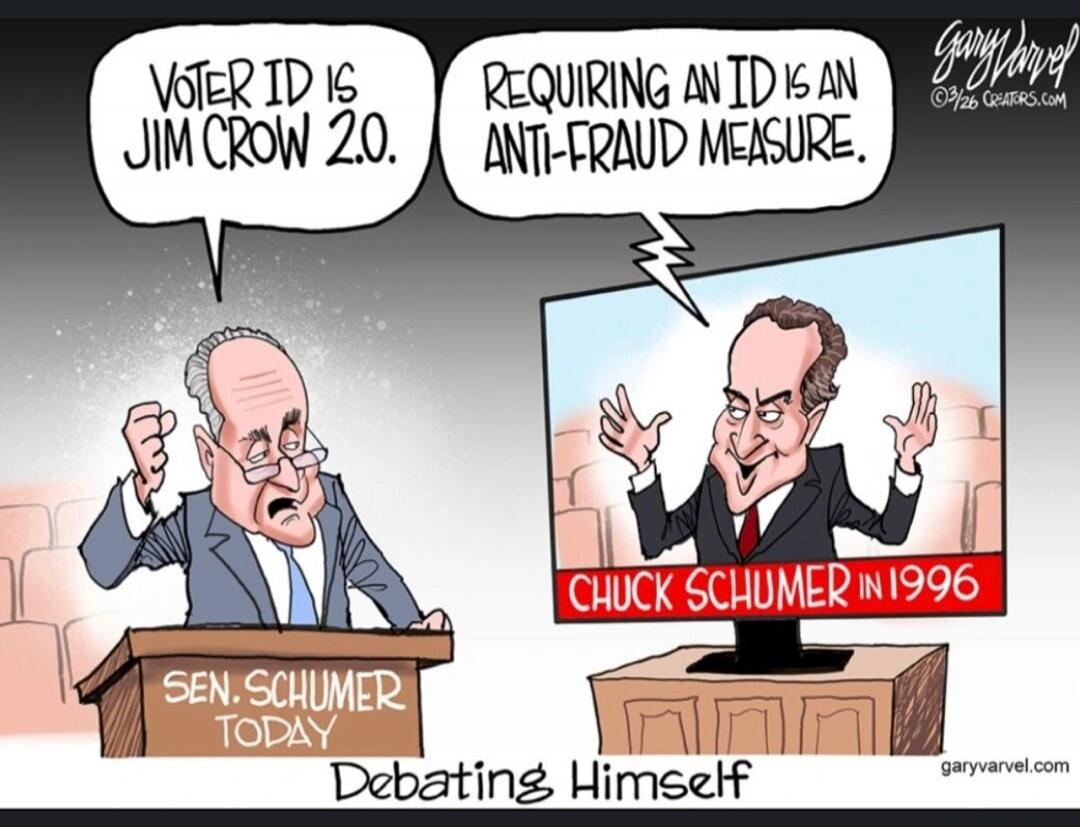 VOTER ID IS JIM CROW 2.0. REQUIRING AN ID IS AN ANTI-FRAUD MEASURE. SEN. SCHUMER TODAY CHUCK SCHUMER IN 1996 Debating Himself