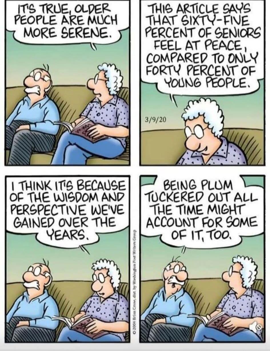 It's true, older people are much more serene.
This article says that sixty-five percent of seniors feel at peace, compared to only forty percent of young people.
I think it's because of the wisdom and perspective we've gained over the years.
Being plum tuckered out all the time might account for some of it, too.