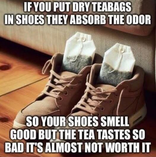 IF YOU PUT DRY TEABAGS IN SHOES THEY ABSORB THE ODOR SO YOUR SHOES SMELL GOOD BUT THE TEA TASTES SO BAD IT'S ALMOST NOT WORTH IT