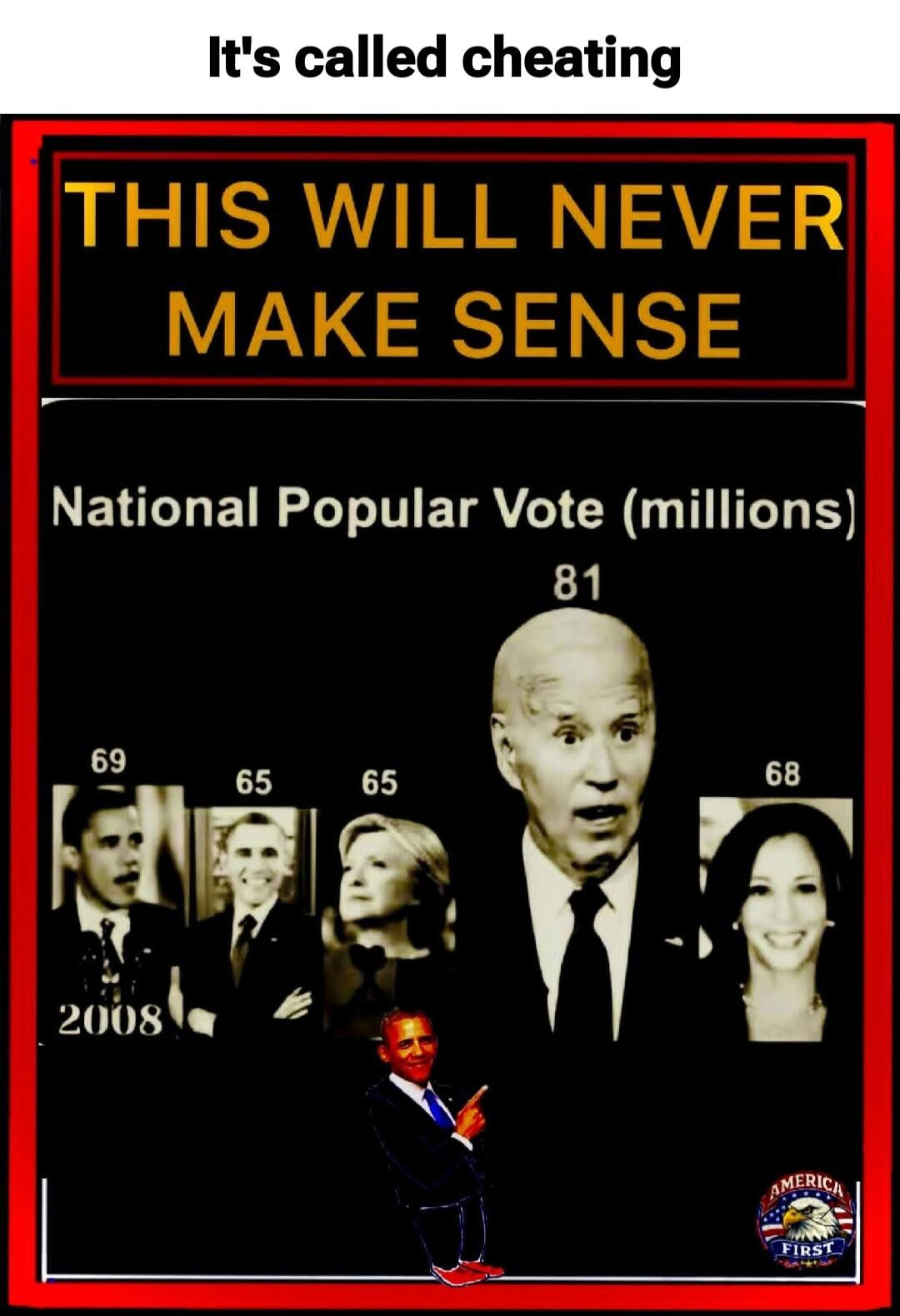 It's called cheating. THIS WILL NEVER MAKE SENSE. National Popular Vote (millions). 81. 69. 65. 65. 68. 2008. America First.