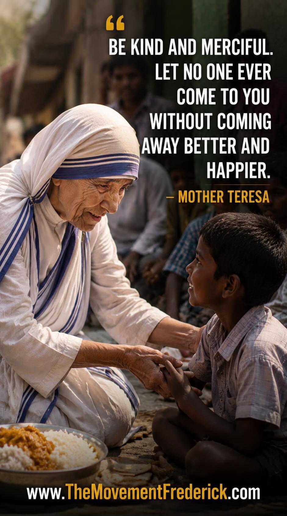 BE KIND AND MERCIFUL. LET NO ONE EVER COME TO YOU WITHOUT COMING AWAY BETTER AND HAPPIER. - MOTHER TERESA. www.TheMovementFrederick.com