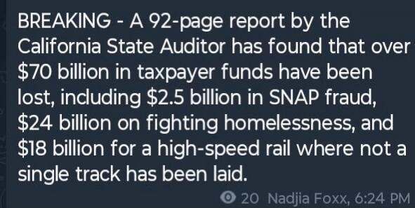 BREAKING - A 92-page report by the California State Auditor has found that over $70 billion in taxpayer funds have been lost, including $2.5 billion in SNAP fraud, $24 billion on fighting homelessness, and $18 billion for a high-speed rail where not a single track has been laid. Session ID: 1049531.