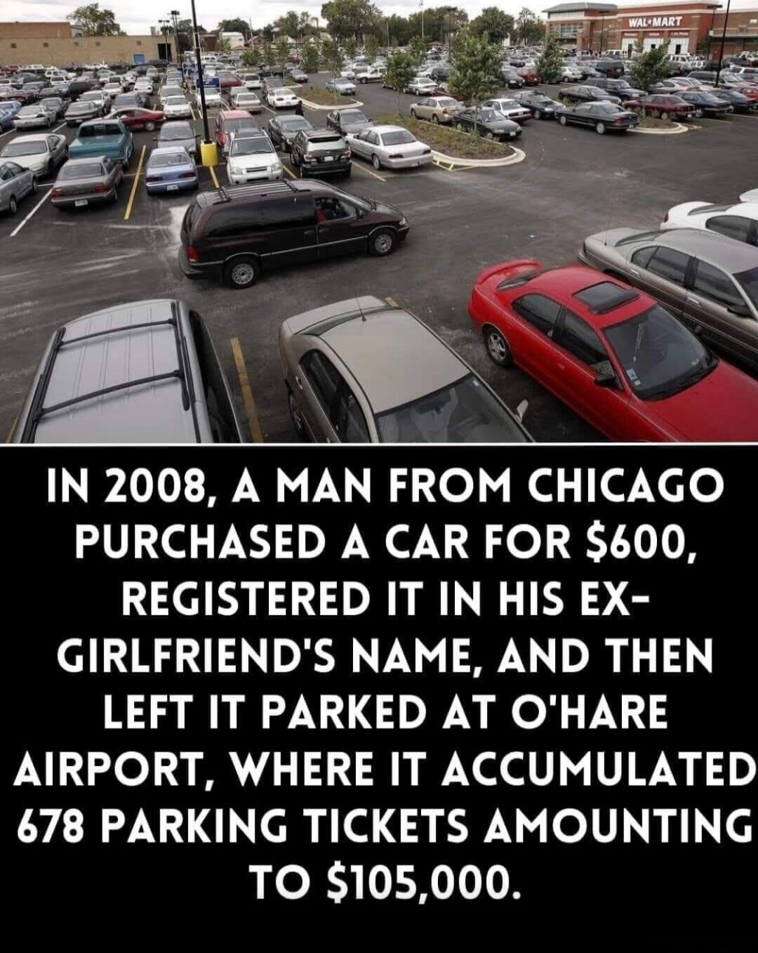 IN 2008, A MAN FROM CHICAGO PURCHASED A CAR FOR $600, REGISTERED IT IN HIS EX-GIRLFRIEND'S NAME, AND THEN LEFT IT PARKED AT O'HARE AIRPORT, WHERE IT ACCUMULATED 678 PARKING TICKETS AMOUNTING TO $105,000.