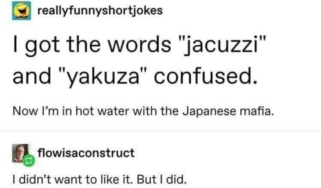 reallyfunnyshortjokes got the words jacuzzi and yakuza confused Now Im in hot water with the Japanese mafia nowisaconstvuct 1 didnt want to like it But did