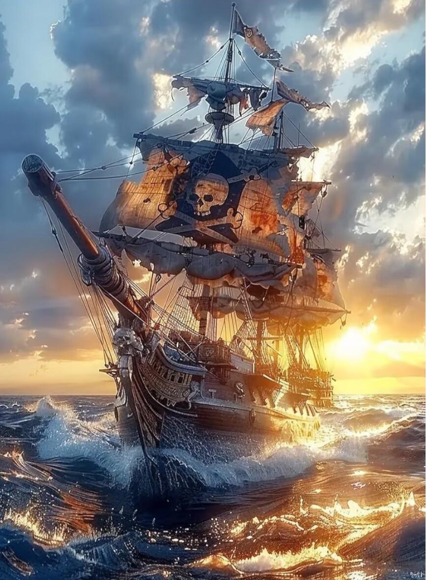 A large pirate ship with torn sails and a skull flag sails through rough seas at sunset, the hull battle-worn and illuminated by the golden light of the setting sun.