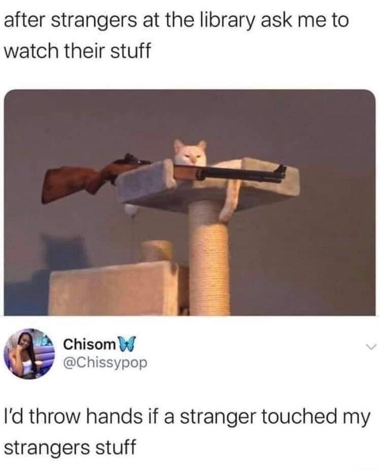 after strangers at the library ask me to watch their stuff Chisom W Chissypop Id throw hands if a stranger touched my strangers stuff