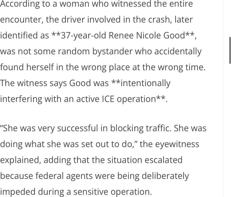 According to a woman who witnessed the entire encounter, the driver involved in the crash, later identified as **37-year-old Renee Nicole Good**, was not some random bystander who accidentally found herself in the wrong place at the wrong time. The witness says Good was **intentionally interfering with an active ICE operation**.

