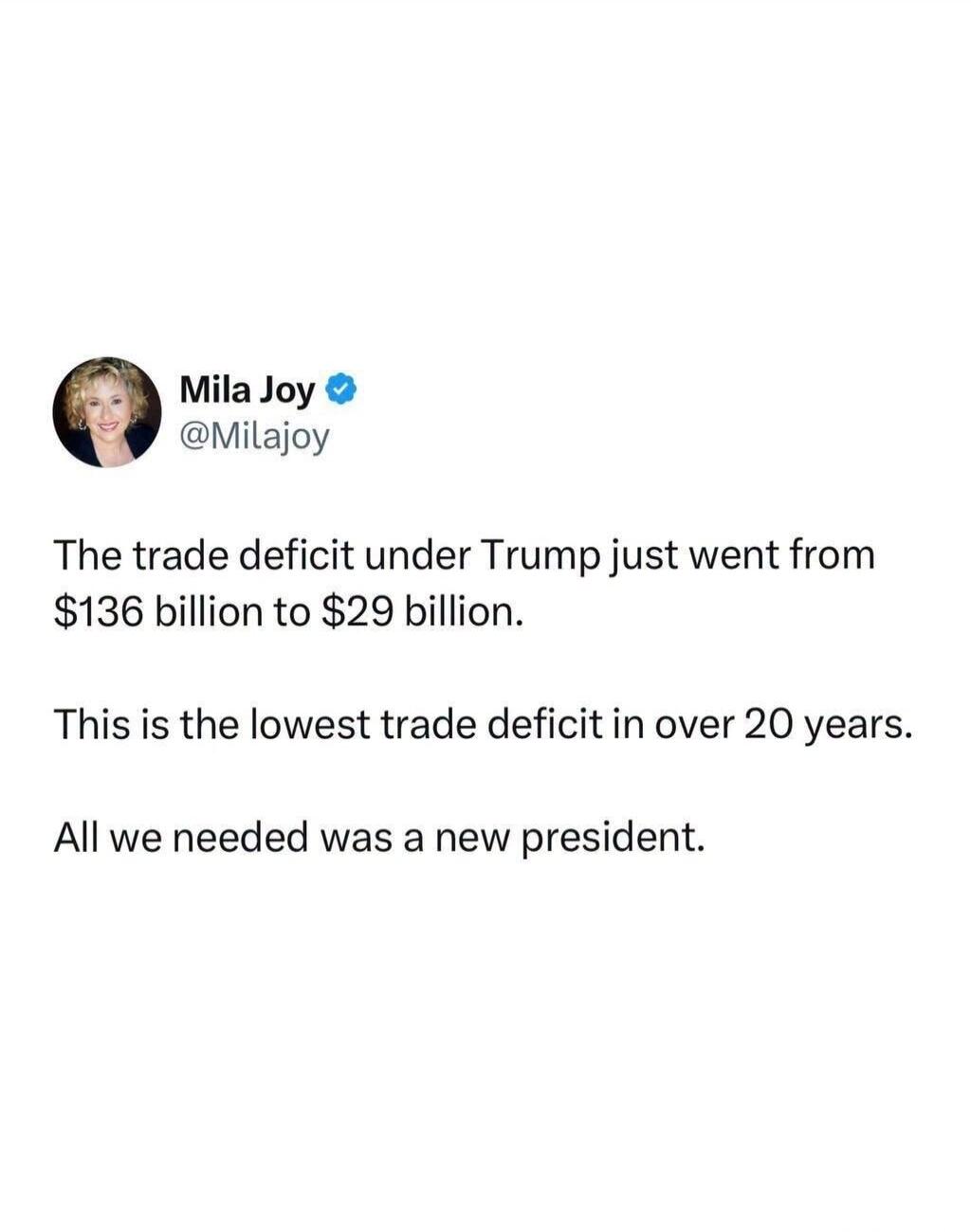Mila Joy @Milajoy The trade deficit under Trump just went from $136 billion to $29 billion. This is the lowest trade deficit in over 20 years. All we needed was a new president.