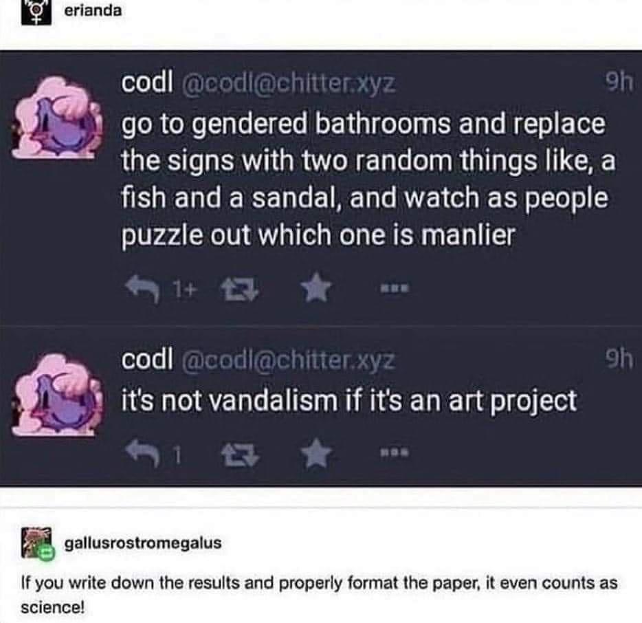 cod i go to gendered bathrooms and replace the signs with two random things like a fish and a sandal and watch as people puzzle out which one is manlier cod t its not vandalism if its an art project B csrorostonopin te down the resuits and properly format the paper it even counts as