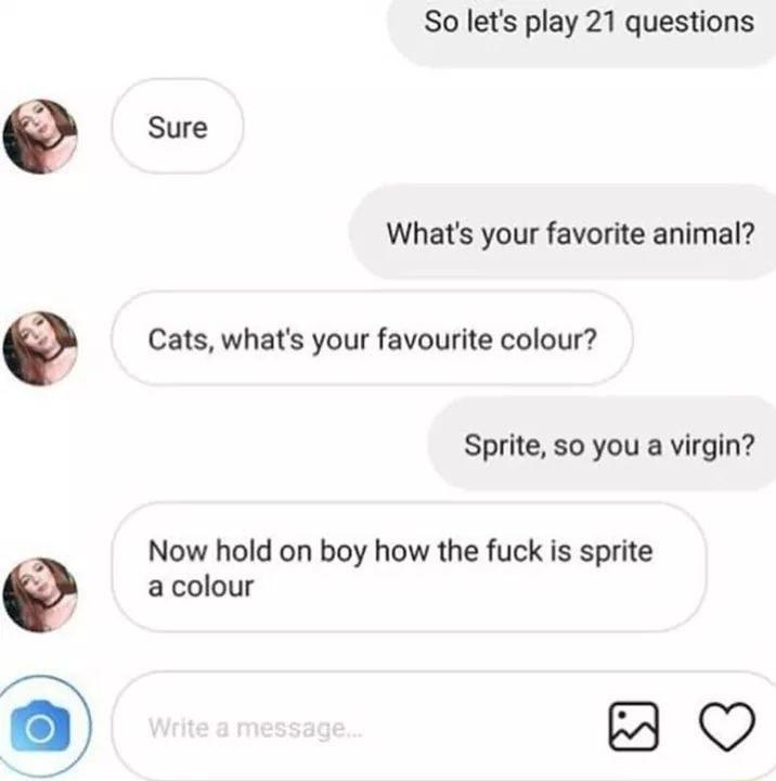 So lets play 21 questions Sure Whats your favorite animal Cats whats your favourite colour Sprite so you a virgin Now hold on boy how the fuck is sprite acolour 8 O