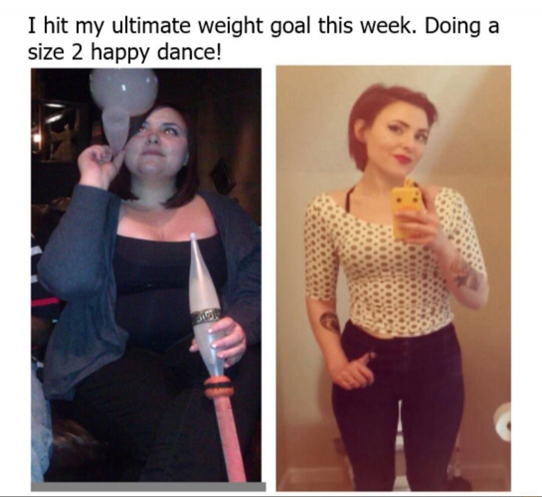 I hit my ultimate weight goal this week. Doing a size 2 happy dance!