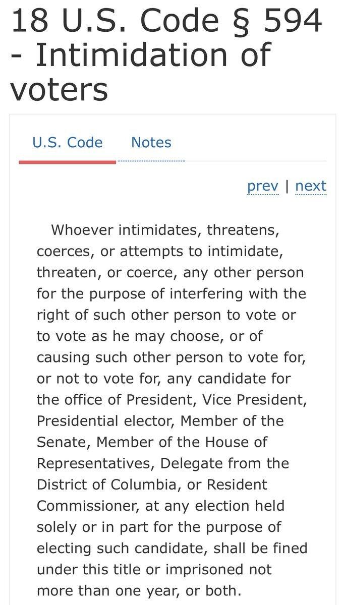 18 US Code 594 Intimidation of voters US Code Notes prev next Whoever intimidates threatens coerces or attempts to intimidate threaten or coerce any other person for the purpose of interfering with the right of such other person to vote or to vote as he may choose or of causing such other person to vote for or not to vote for any candidate for the office of President Vice President Presidential el