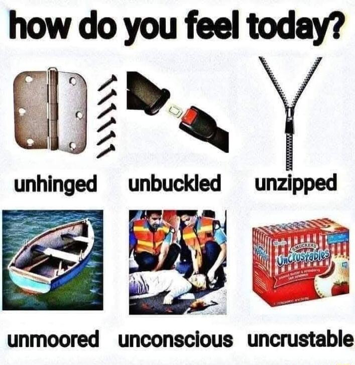 how do you feel today v Y unhinged unbuckled unzipped Eo e unmoored unconscious uncrustable