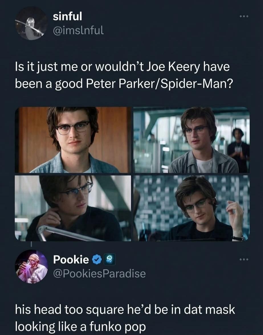 Is it just me or wouldn't Joe Keery have been a good Peter Parker/Spider-Man? his head too square he'd be in dat mask looking like a funko pop