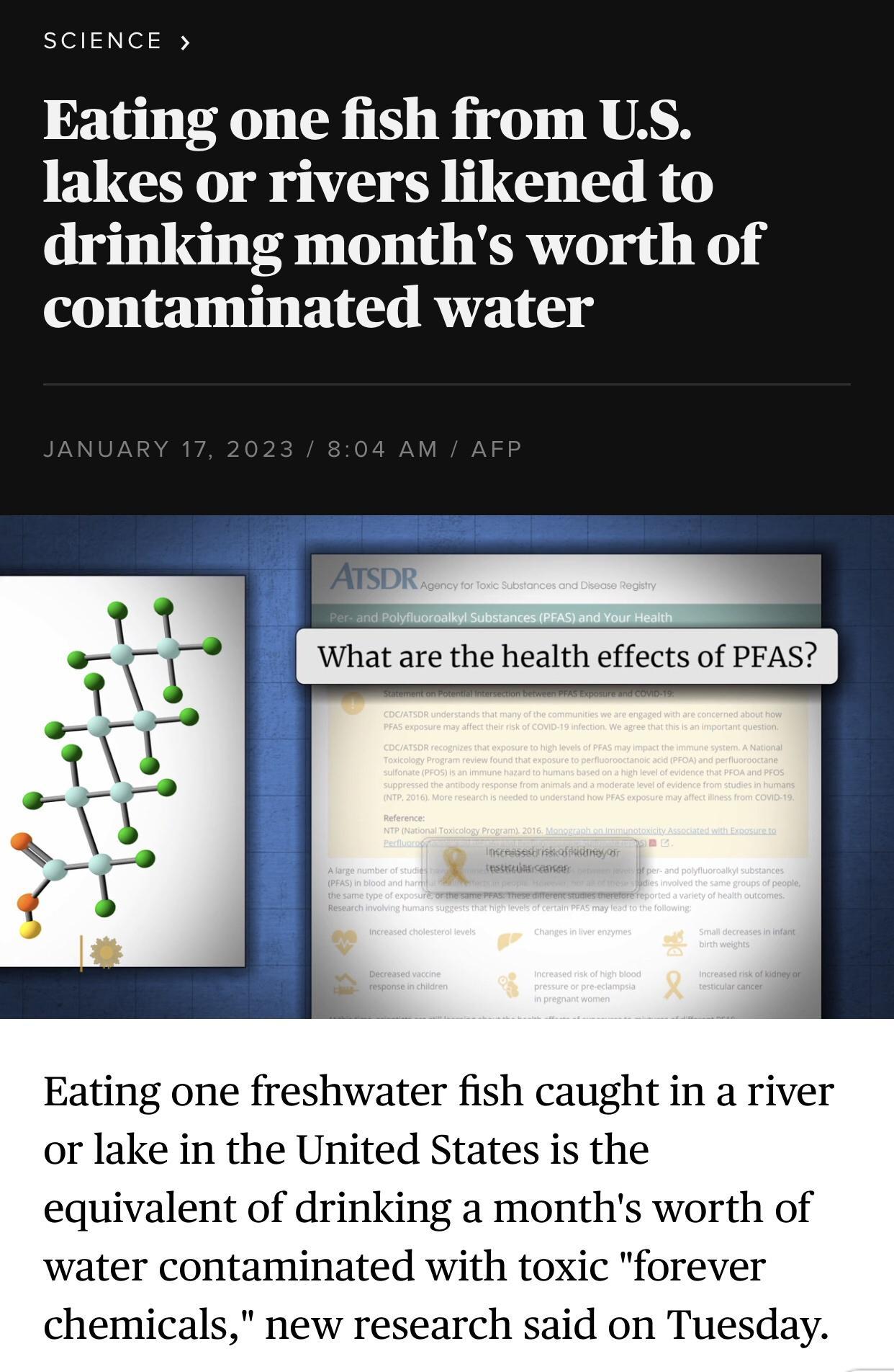 SCIENCE Eating one fish from US lakes or rivers likened to drinking months worth of contaminated water Eating one freshwater fish caught in a river or lake in the United States is the equivalent of drinking a months worth of water contaminated with toxic forever chemicals new research said on Tuesday