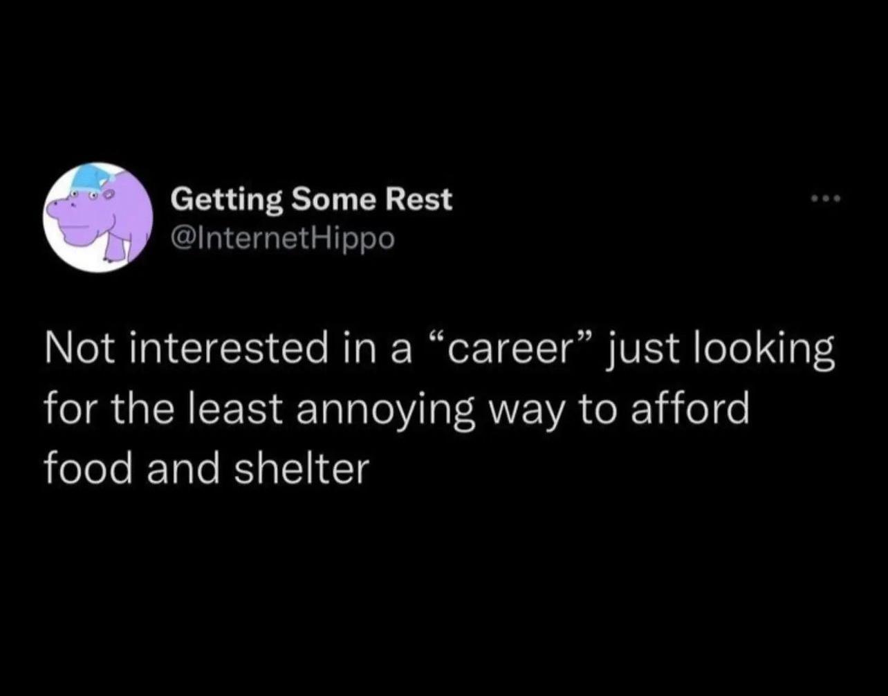Getting Some Rest InternetHippo Not interested in a career just looking for the least annoying way to afford food and shelter