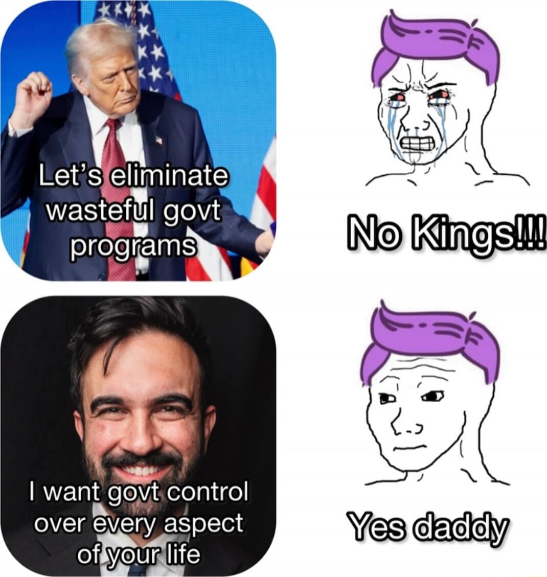 Let's eliminate wasteful govt programs
No Kings!!!
I want govt control over every aspect of your life
Yes daddy