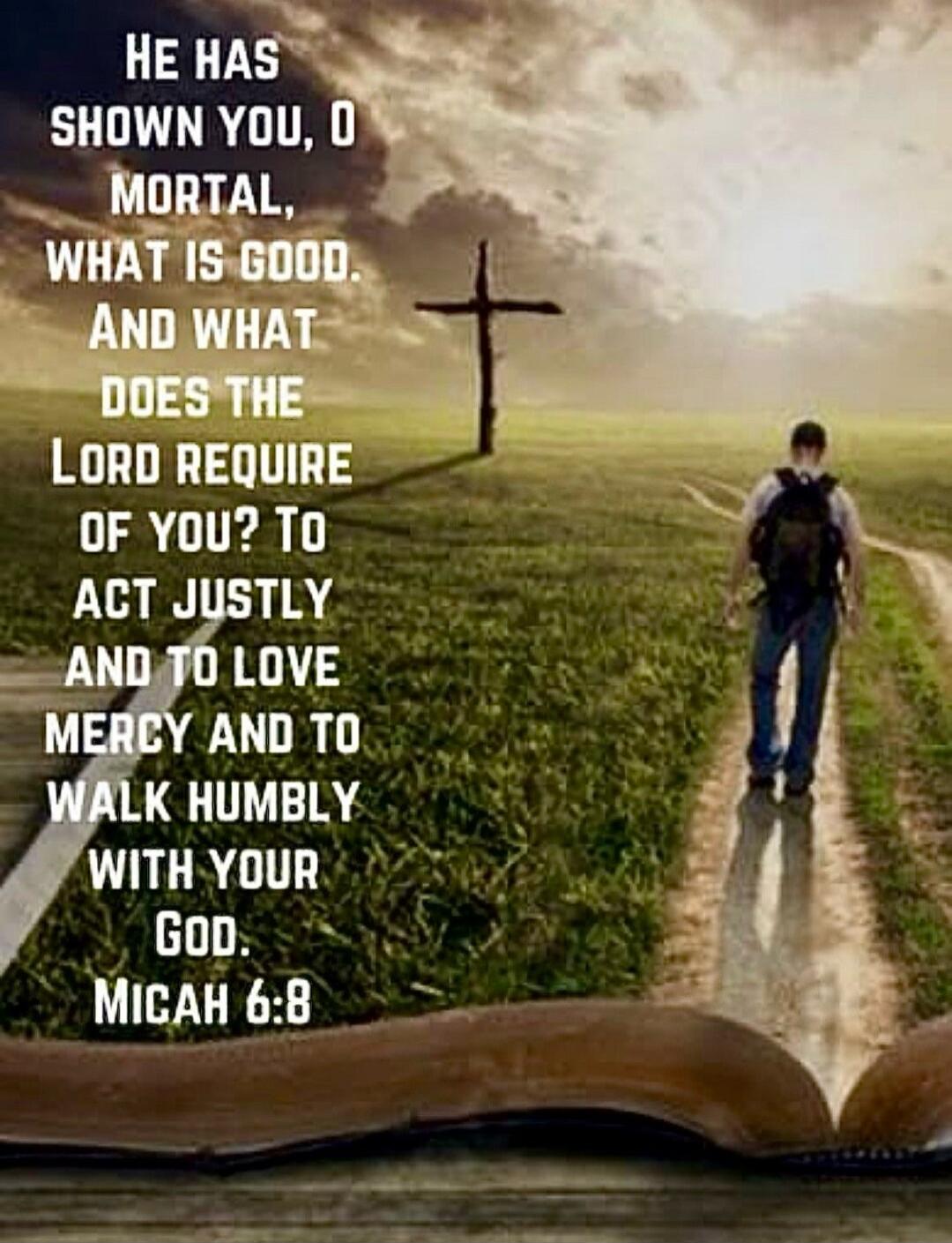 HE HAS SHOWN YOU, O MORTAL, WHAT IS GOOD. AND WHAT DOES THE LORD REQUIRE OF YOU? TO ACT JUSTLY AND TO LOVE MERCY AND TO WALK HUMBLY WITH YOUR GOD. MICAH 6:8