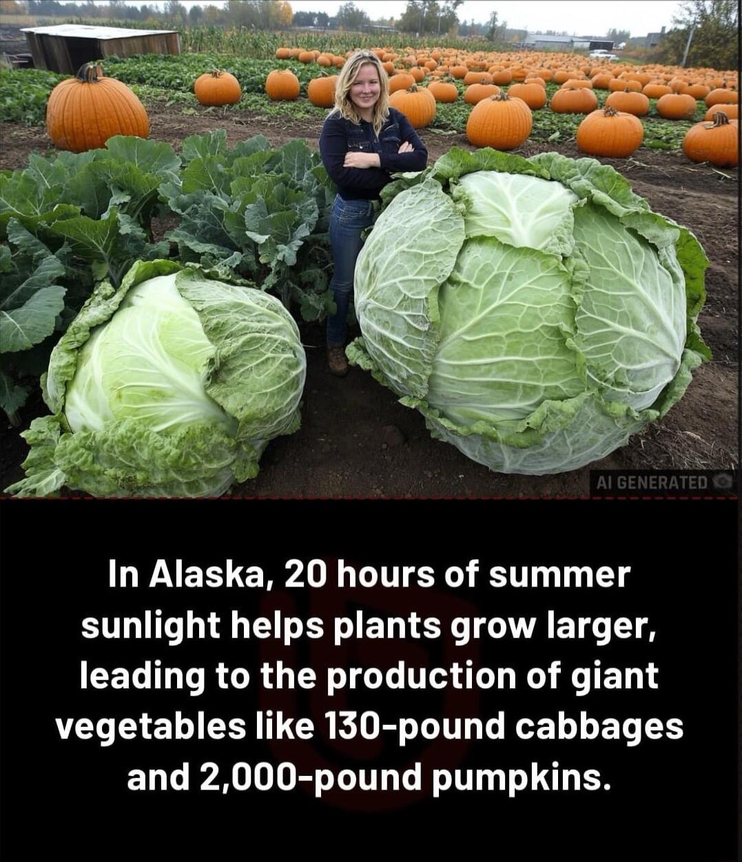 In Alaska 20 hours of summer sunlight helps plants grow larger leading to the production of giant L E R R E R TITL L T ET and 2000 pound pumpkins