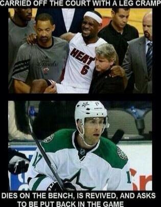 CARRIED OFF THE COURT WITH A LEG CRAMP. DIES ON THE BENCH, IS REVIVED, AND ASKS TO BE PUT BACK IN THE GAME.