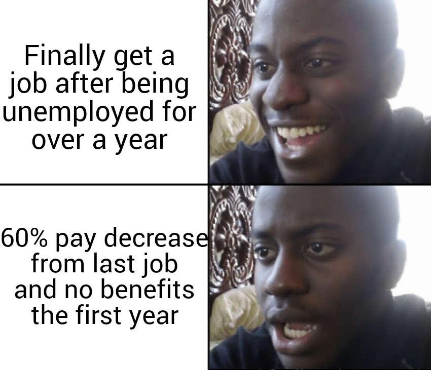 Finally get a job after being unemployed for over a year 60 pay decreas from last job and no benefits the first year