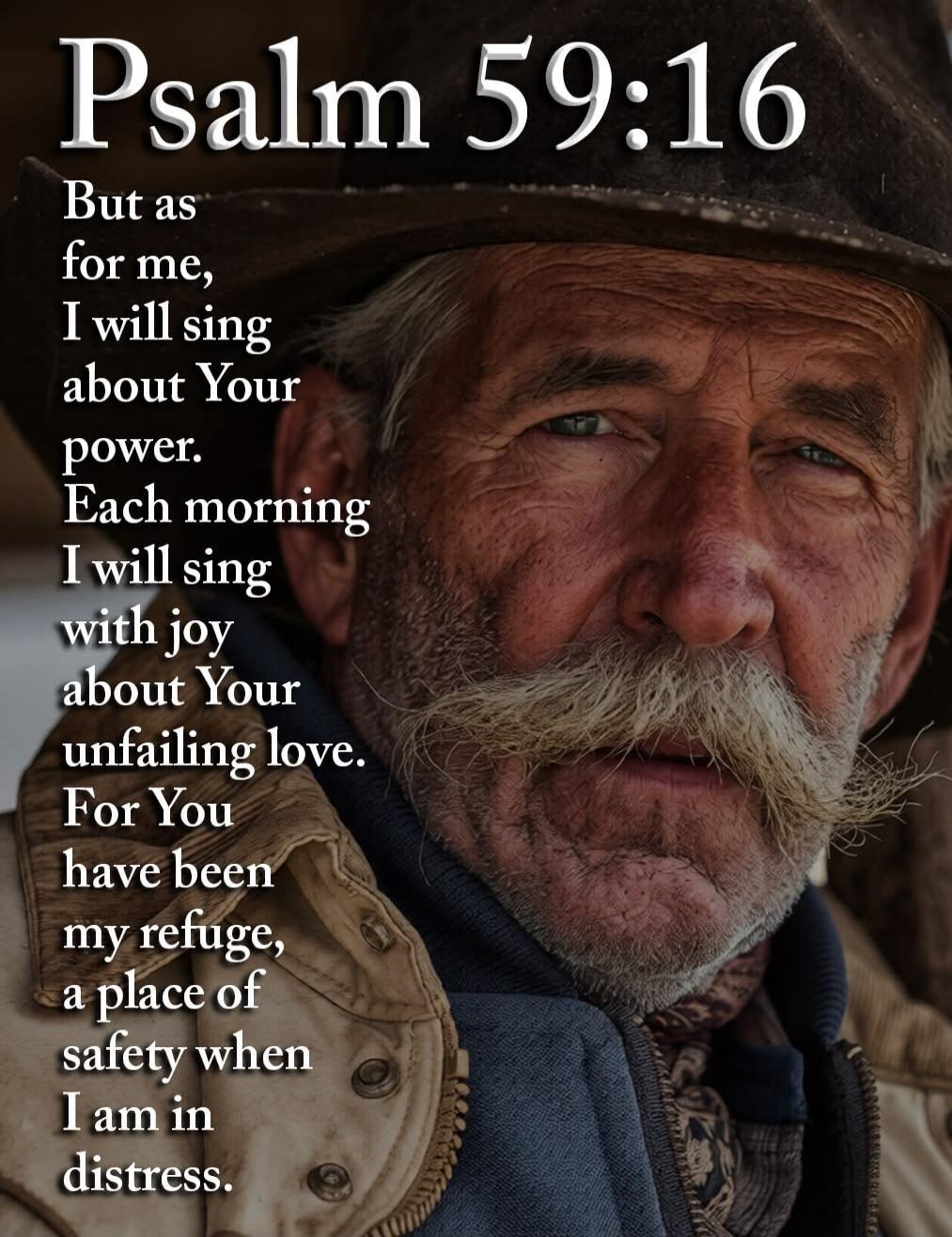 Psalm 59:16 But as for me, I will sing about Your power. Each morning I will sing with joy about Your unfailing love. For You have been my refuge, a place of safety when I am in distress.