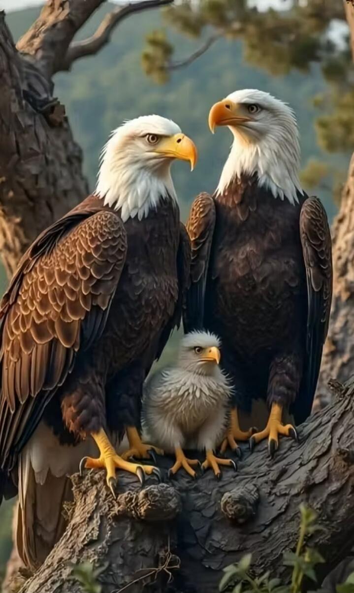 A family of bald eagles perched on a tree branch.