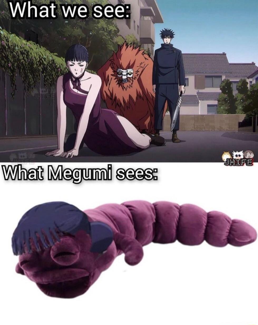 What we see: An anime scene featuring Maki Zenin in a dress, Panda, and Megumi Fushiguro. Maki is kneeling on the ground. What Megumi sees: A purple, segmented plush toy resembling a caterpillar or worm, with Maki's distinctive bangs superimposed on it.