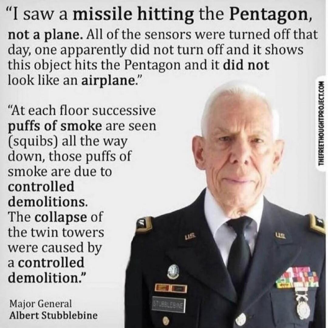 I saw a missile hitting the Pentagon, not a plane. All of the sensors were turned off that day, one apparently did not turn off and it shows this object hits the Pentagon and it did not look like an airplane. At each floor successive puffs of smoke are seen (squibs) all the way down, those puffs of smoke are due to controlled demolitions. The colla