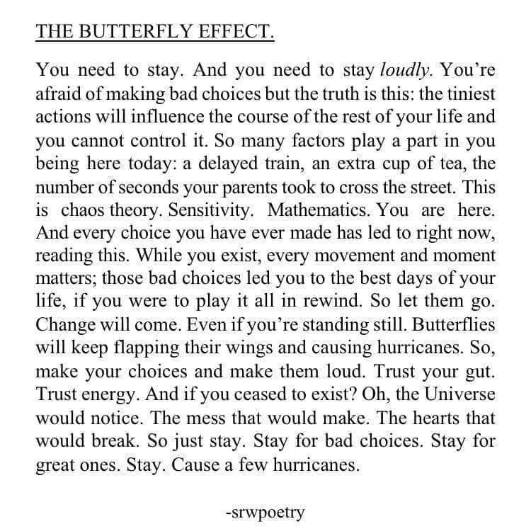 THE BUTTERFLY EFFECT You need to stay And you need to stay loudly Youre afraid of making bad choices but the truth is this the tiniest actions will influence the course of the rest of your life and you cannot control it So many factors play a part in you being here today a delayed train an extra cup of tea the number of seconds your parents took to cross the street This is chaos theory Sensitivity