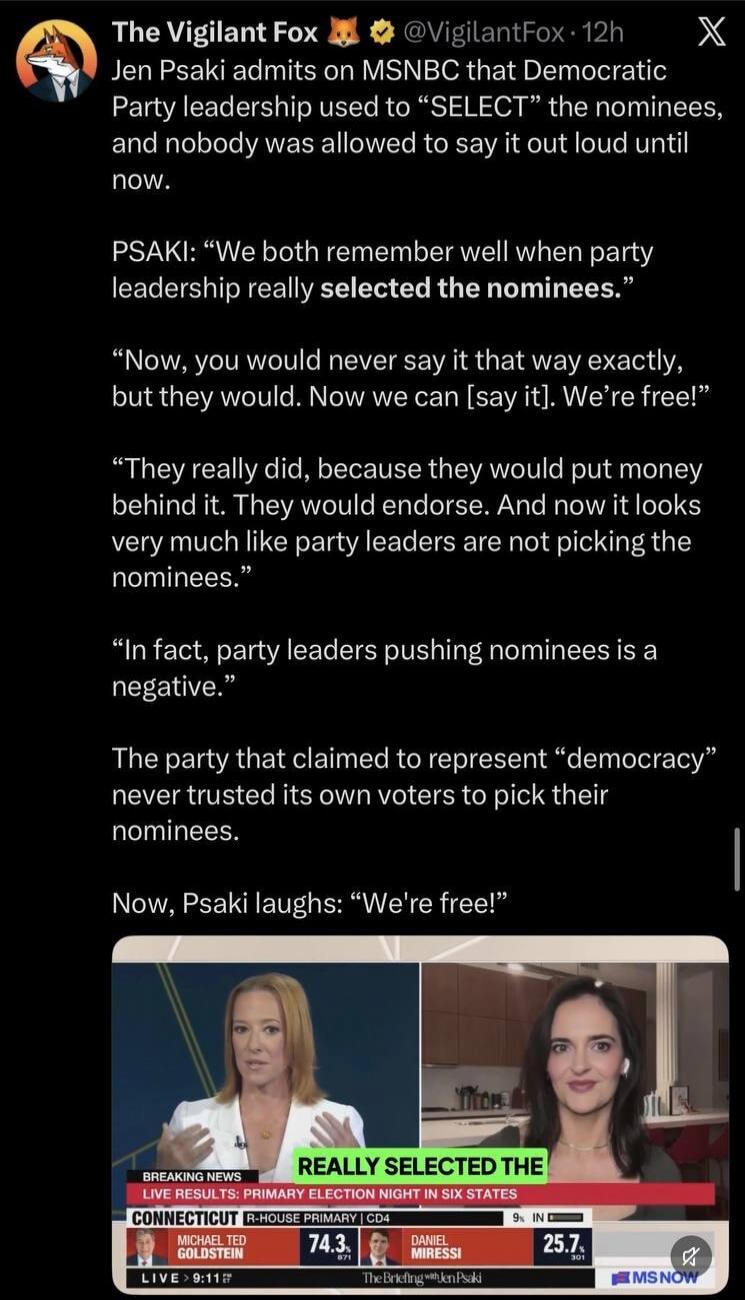 Jen Psaki admits on MSNBC that Democratic Party leadership used to “SELECT” the nominees, and nobody was allowed to say it out loud until now. Psaki states: “We both remember well when party leadership really selected the nominees.” She continues: “Now, you would never say it that way exactly, but they would. Now we can say it. We’re free!” She exp