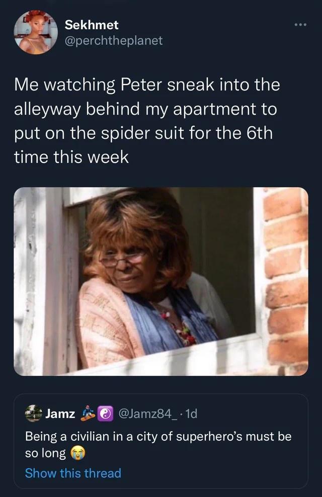 RGN e perchtheplanet Me watching Peter sneak into the alleyway behind my apartment to put on the spider suit for the 6th LU ERTATSRWELETS i Jamz 5 Jamz84_ 1d Being a civilian in a city of superheros must be so long SR IR GIEEETe