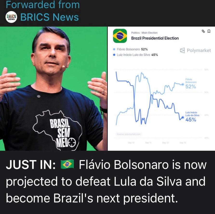 Forwarded from BRICS News. Politics - Main Election. Brazil Presidential Election. Flávio Bolsonaro 52%. Luiz Inácio Lula da Silva 45%. Polymarket. Source: polymarket.com. On the t-shirt: BRASIL SEM MEDO. JUST IN: 🇧🇷 Flávio Bolsonaro is now projected to defeat Lula da Silva and become Brazil's next president.
