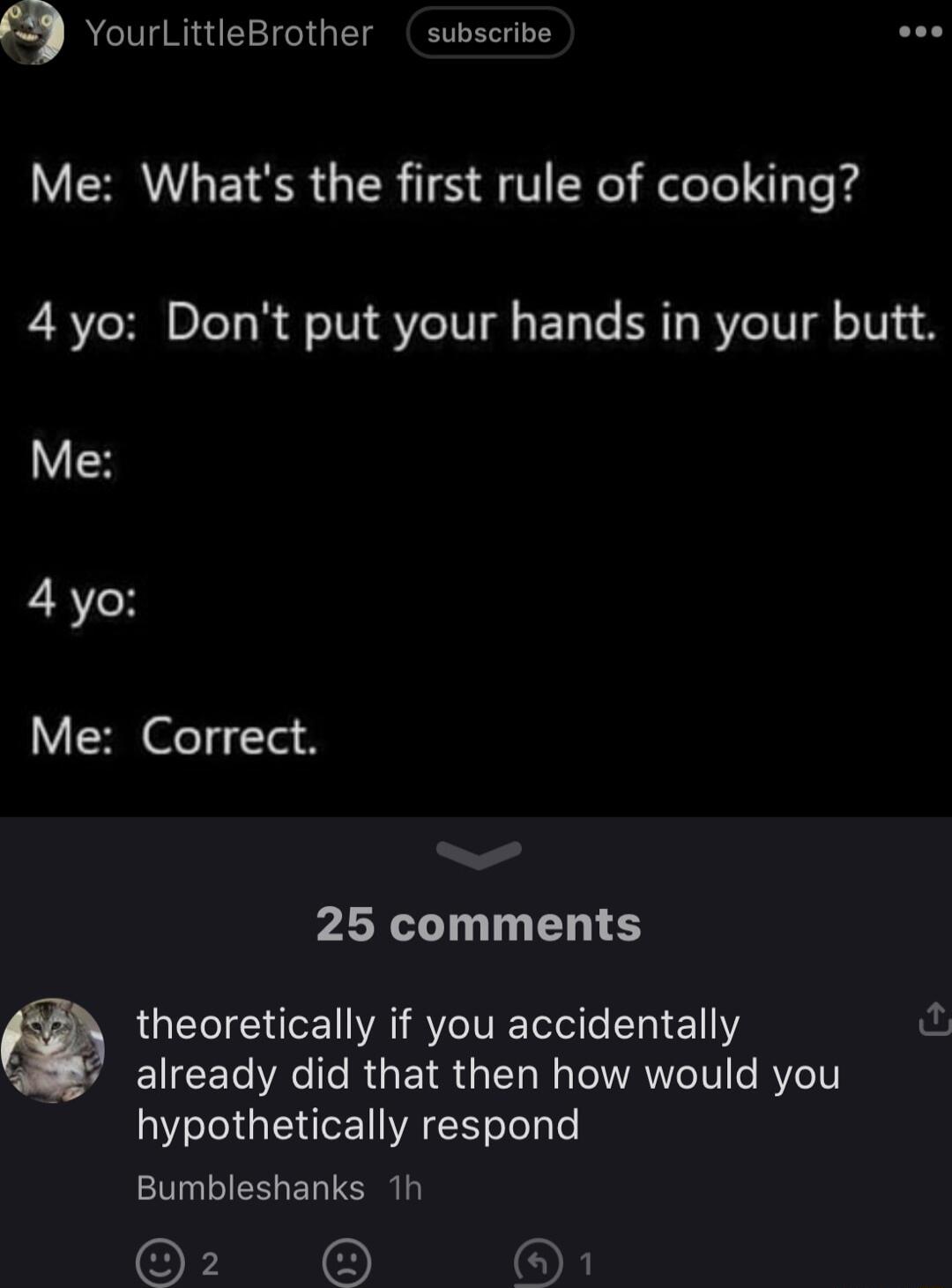 5 YourLittleBrother subscribe Me Whats the first rule of cooking 4 yo Dont put your hands in your butt Me 4 yo Me Correct PARL T EN S theoretically if you accidentally fur TR YR T R EY R T N LAY R 1V hypothetically respond Bumbleshanks 1h OF O OF