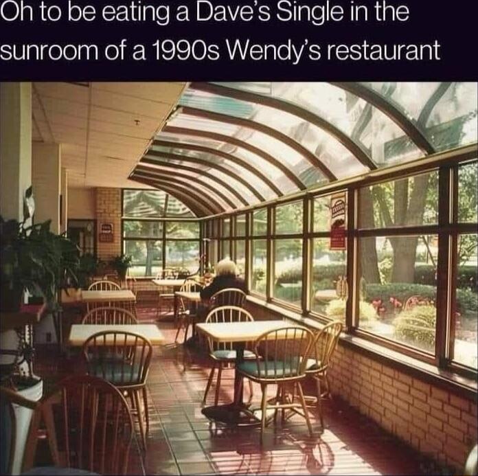 Oh to be eating a Daves Single in the sunroom of a 1990s Wendys restaurant